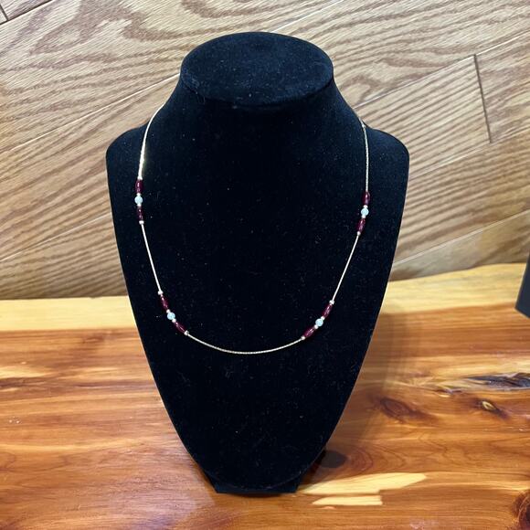 Vintage White Rice Pearl & Faux Ruby Beads Gold Tone Choker Chain Jewelry 18" - Picture 1 of 7